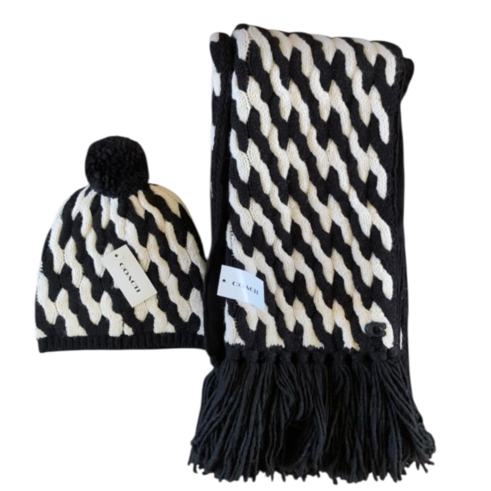 Coach Women's NWT Two Tone Cable knit Fringe Trim Scarf and Beanie Hat Set - Picture 7 of 8